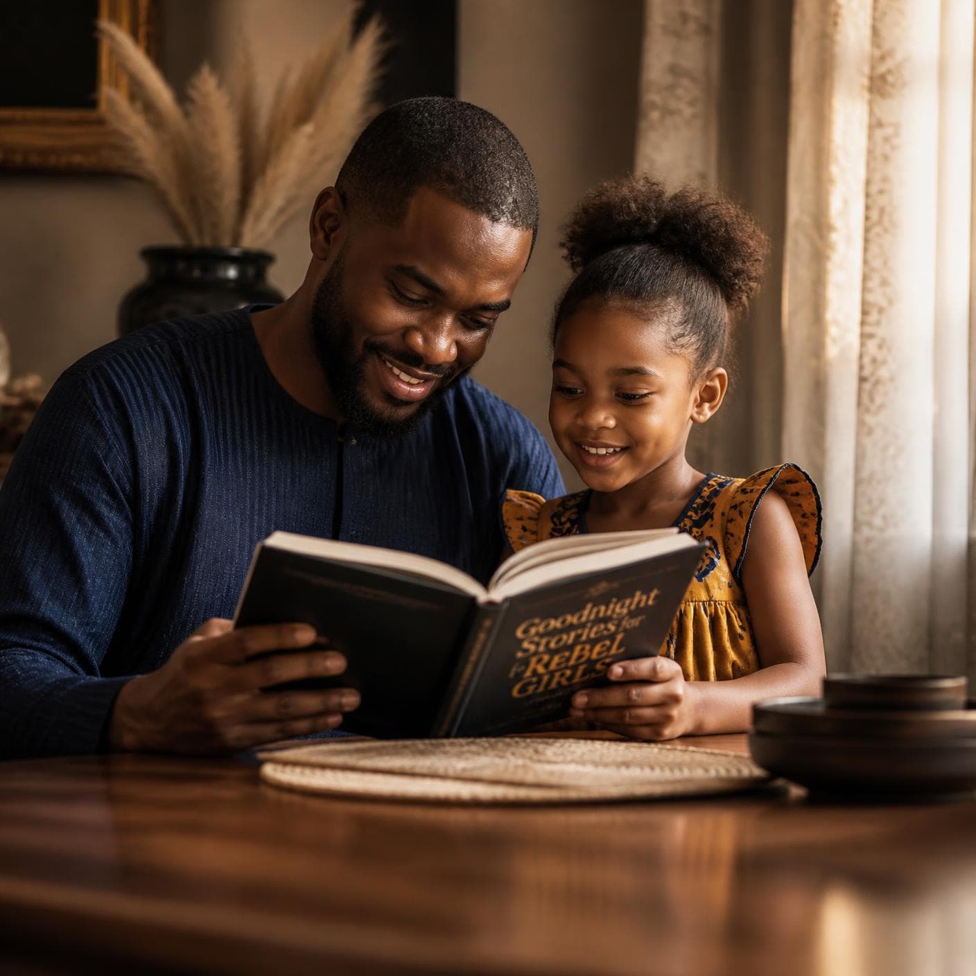 A Nigerian father and daughter reading together
